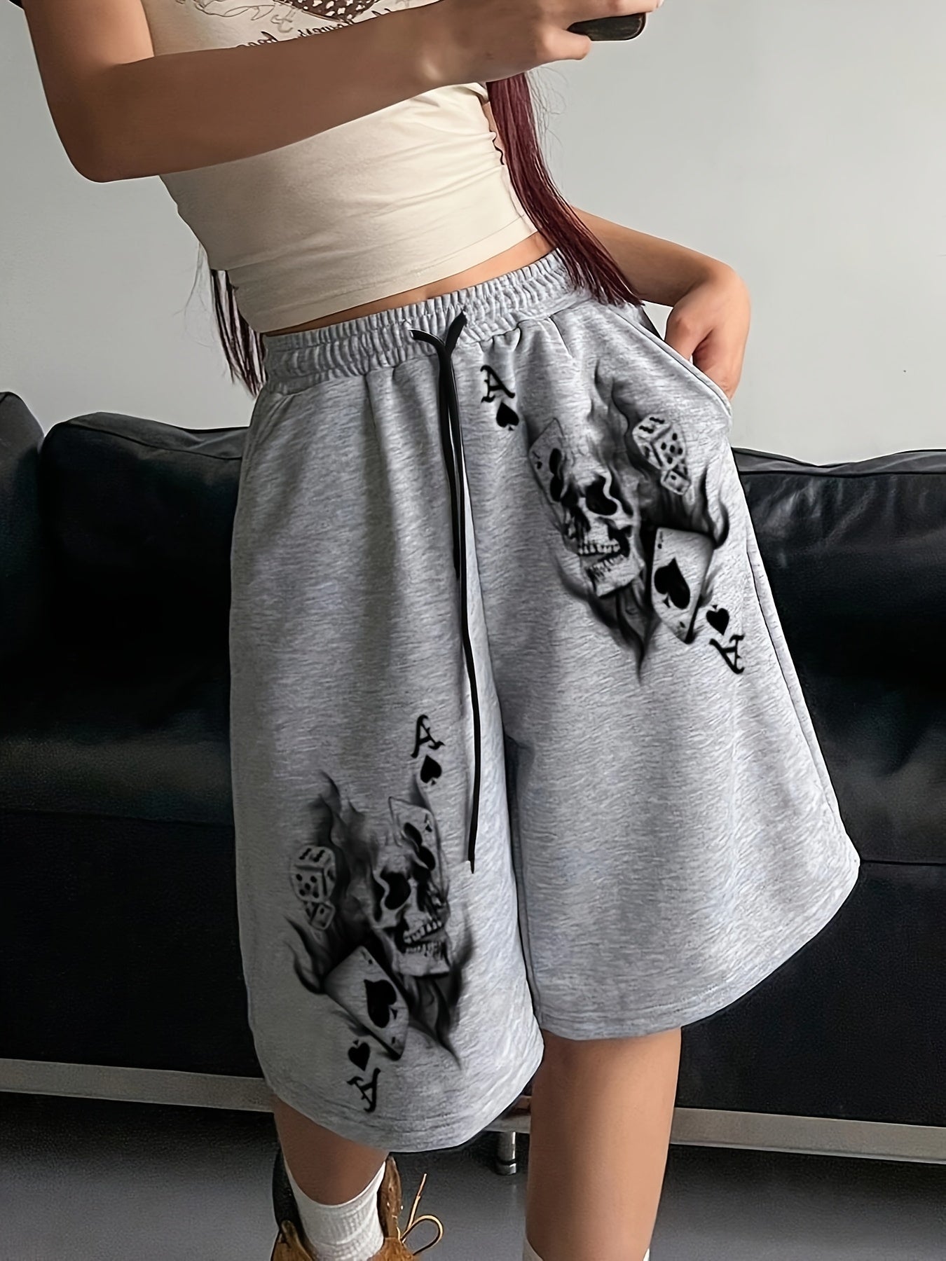 Women's Stylish Skull Print Drawstring Shorts - Light Gray Casual Knit Mid-Thigh Length with Elastic Waistband, Perfect for Spring/Summer/Fall, Cute Shorts
