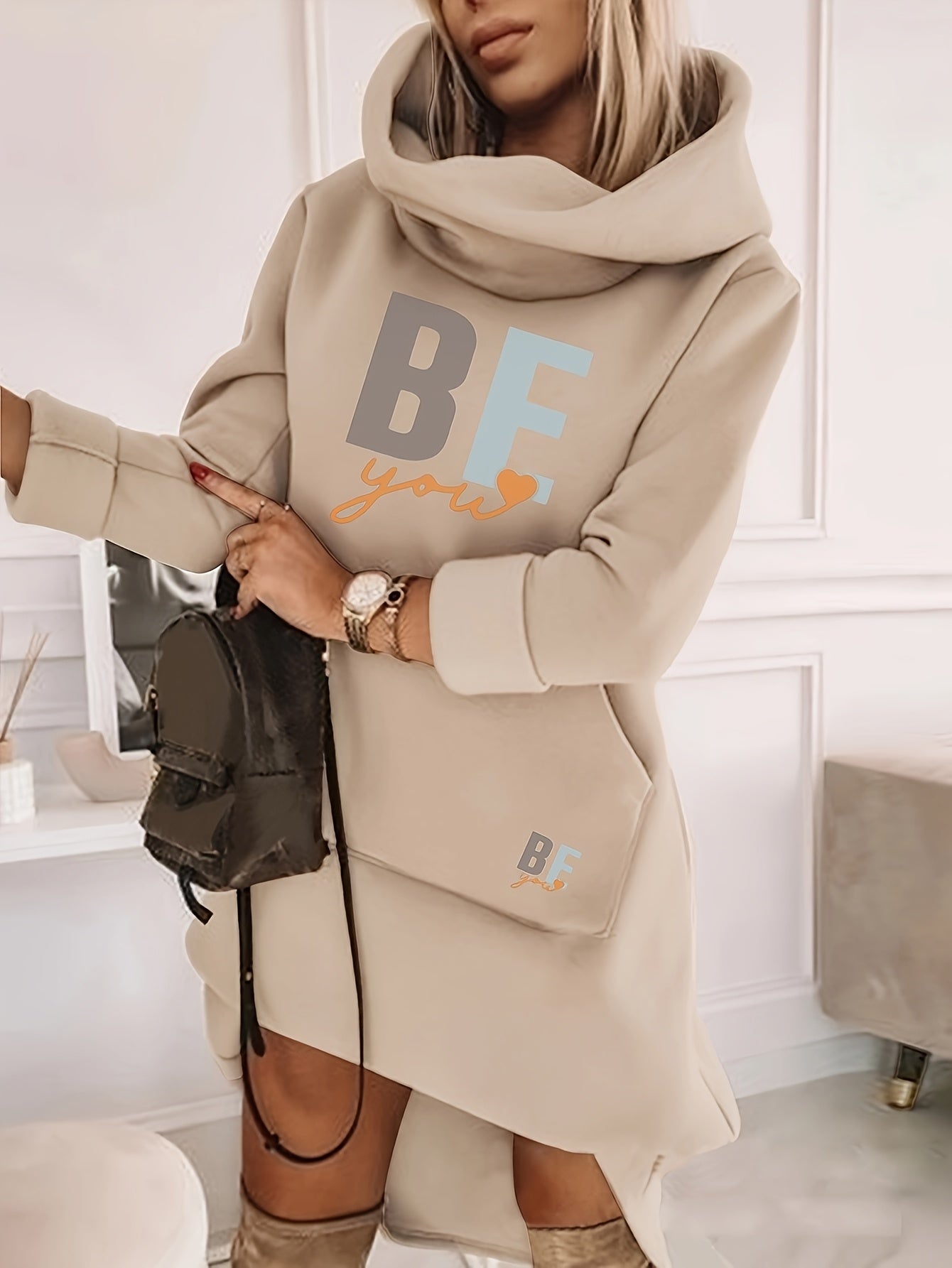 Women's Fashion Hooded Tunic Dress, 100% Polyester Knit Fabric, Geometric Pattern, Applique Detail, for Spring/Summer/Fall