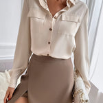 Flap Pockets Single Breasted Blouse - Elegant Long Sleeve Simple Blouse For Spring & Fall - Women's Clothing - Suitable for Casual & Office Wear - Perfect Gift for Women