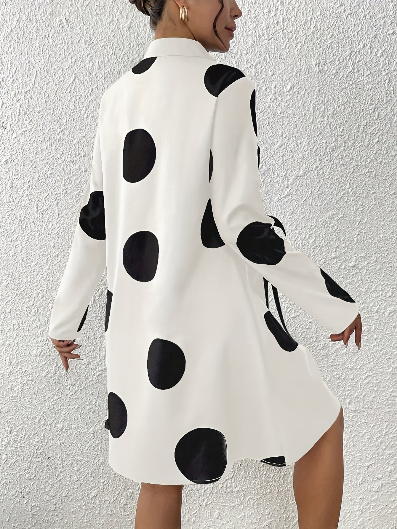 Women's Casual Polka Dot Long Sleeve Knee-Length Dress with Stand Collar and Bow Detail, 100% Polyester Woven Fabric, All-Season Loose Fit A-Line Dress with Flared Hem, Long Sleeve Dress