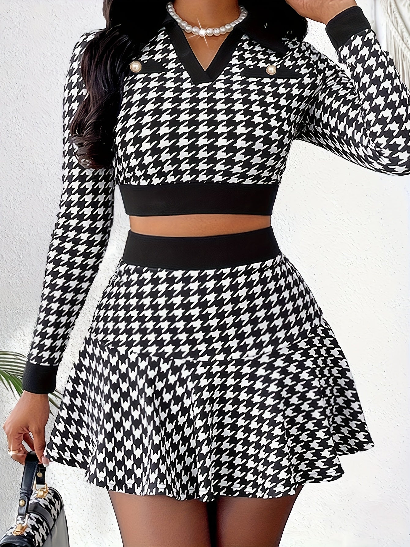[Machine Washable] Elegant V-Neck Long Sleeve Jacket & A-Line Mini Skirt Set - Machine Washable Polyester & Elastane - Chic Autumn/Winter Ensemble for Women