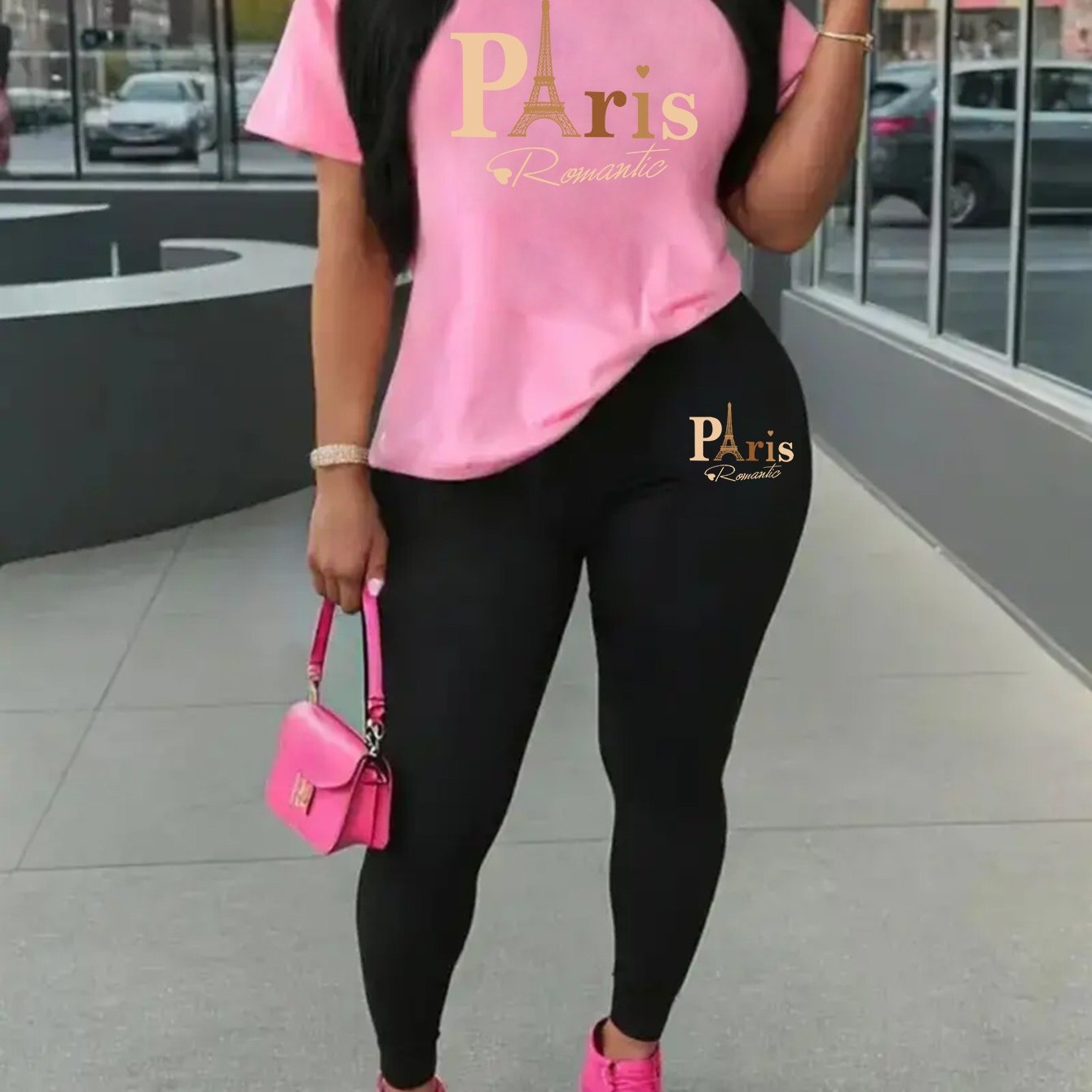 Eiffel Tower Paris-Inspired Women's Casual Outfit - Comfy Short Sleeve Tee & Stylish Pants Set, Machine Washable