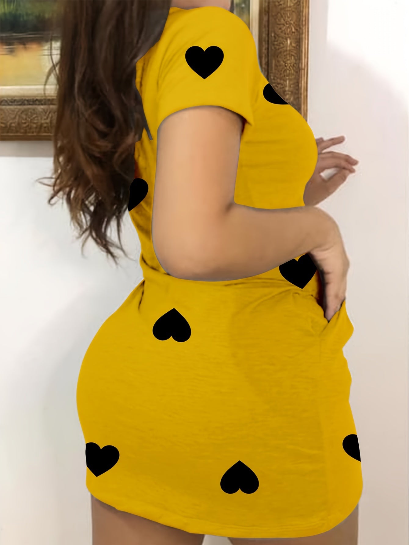 Charming Heart Print Crew Neck Pocket Dress - Women's Short Sleeve Dresses for Spring & Summer - Comfortable, Casual, and Versatile Clothing for Young Ladies