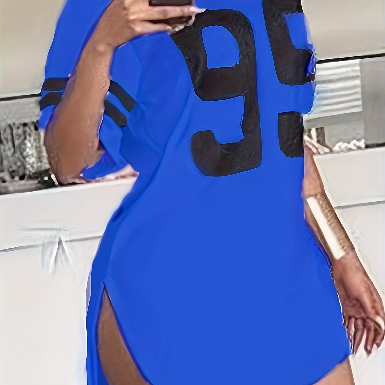 Women's Casual Longline T-Shirt with Bold '99' Graphic Print - Vibrant Blue Relaxed Fit, Mid-Stretch Machine-Washable Fabric for All-Season Comfort, Cute T Shirts, Everyday Clothing, Sporty Aesthetic, Stretchy Material