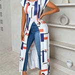 Women'S Geometric Print Round Neck Short Sleeve Casual T-shirt With Side Slit Hem Long Top, Spring/summer Women'S Wear