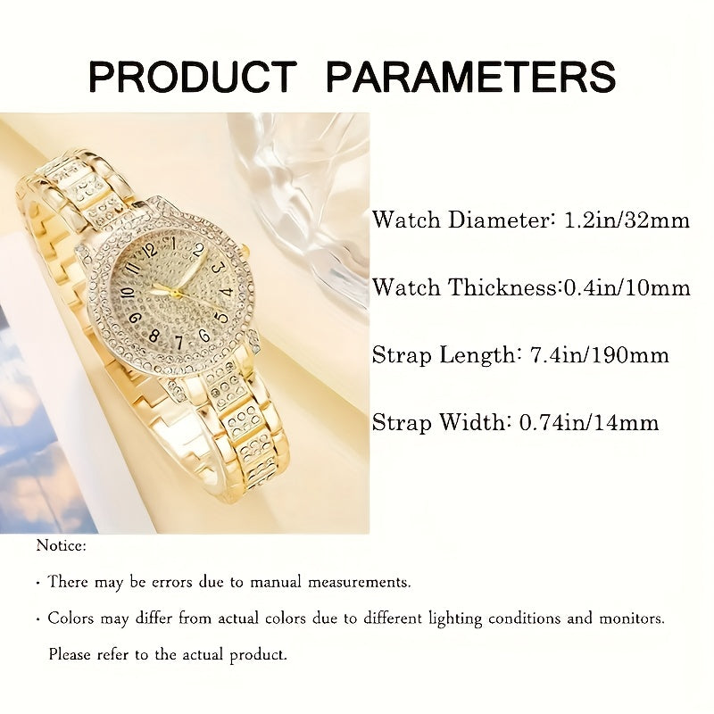 6pcs Elegant Women's Quartz Watch and Golden Jewelry Set - Sparkling Crystal Embellished Timepiece with Stainless Steel Band & Rings, Necklace, Earrings - Ideal for Valentine's Day, Easter, Ramadan, Birthdays,  Hallo