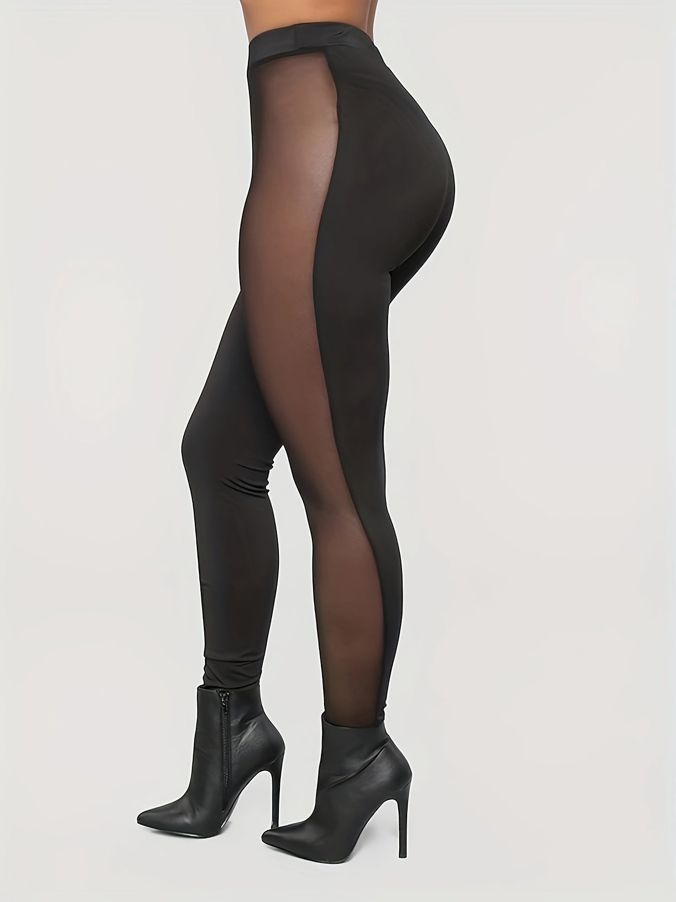 Women's Fashion High-Waist Solid Color Black Mesh Panel Leggings - Stretchy Polyester/Spandex, Casual Style, Machine Washable, Ideal for Spring/Summer/Fall, High Waisted Leggings