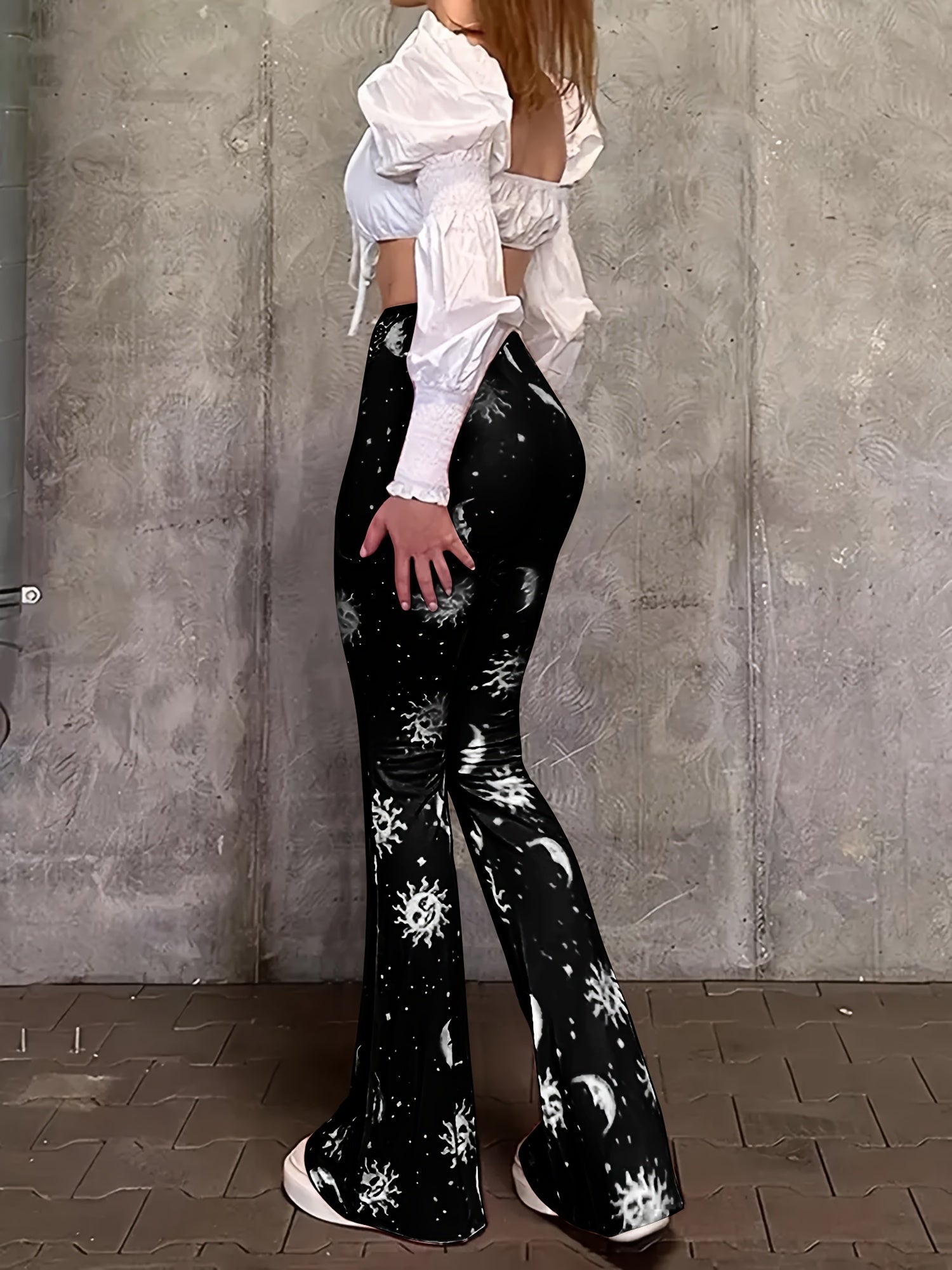 Polyester Spandex Blend Flare Leg Pants - Galaxy Moon Sun Print - Young Style for Adult Women - Spring/Fall Season