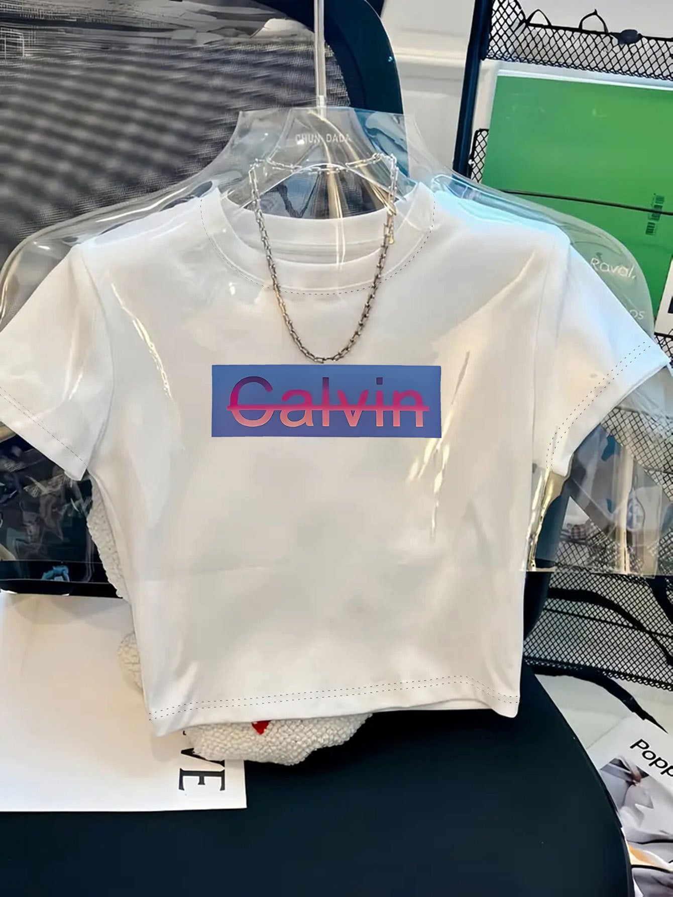 Women's Y2K Style Cropped T-Shirt with Bold CALVIN Monogram Print - Vibrant Red & Blue Lettering, Soft Comfortable Fabric, Machine Washable, Versatile Casual & Dressy Outfits