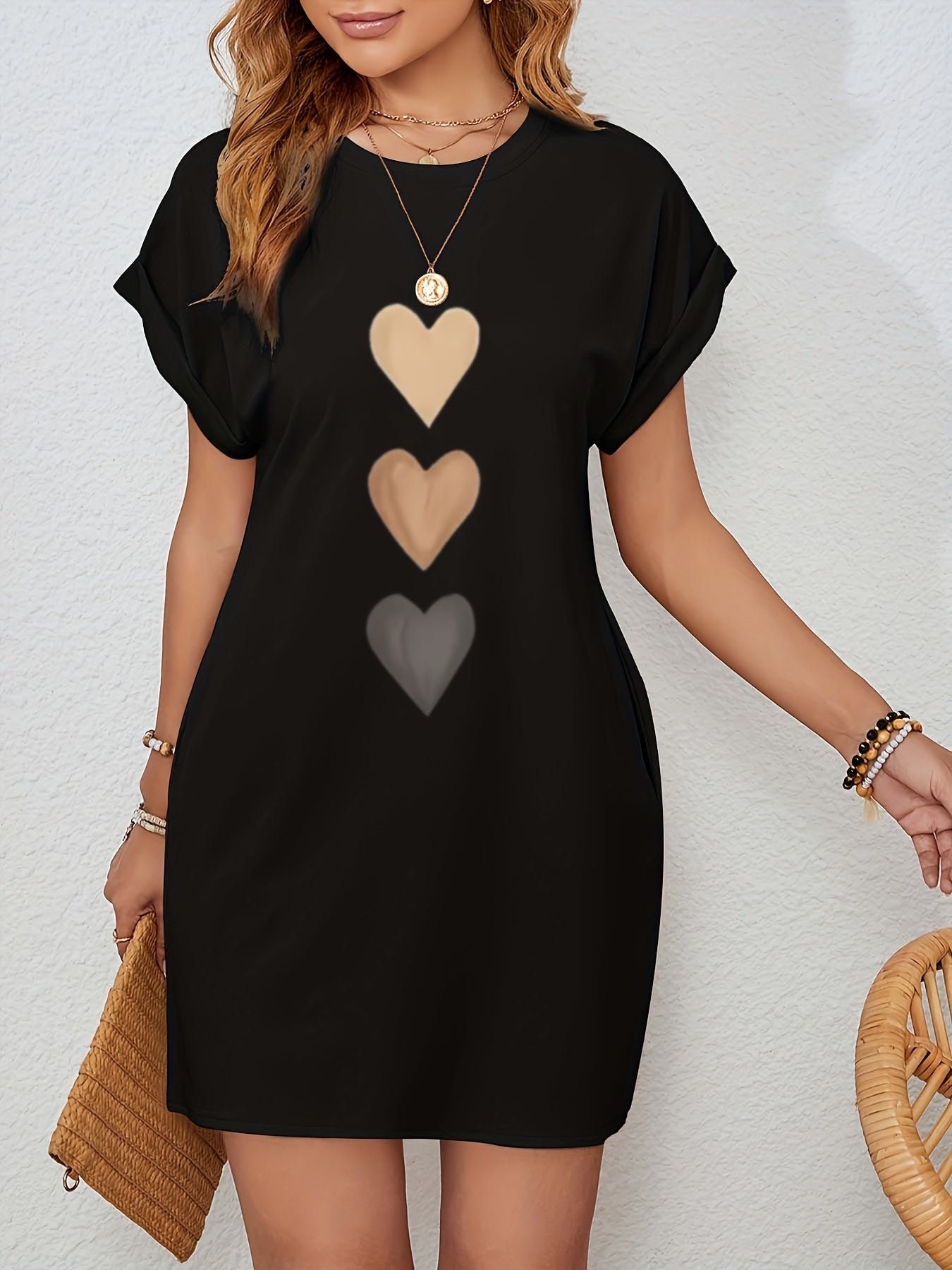 Everyday Women's Casual Heart Print Batwing Sleeve Dress with Hidden Pockets - Beige Color, Polyester Fabric, Round Neck, Machine Washable, Spring/Summer/Fall Style, Cozy Long Sleeve Knitted Dress
