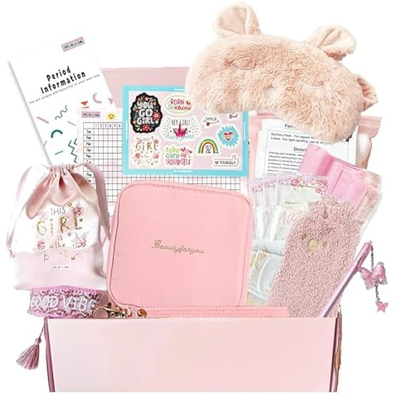 First Period kit for Girls 22 PC Period Packs for Young Girls First Time First Period Gift for Teen Girls with Sanitary Pad Storage Bag Wipes Bracelet Eye Mask Socks and More