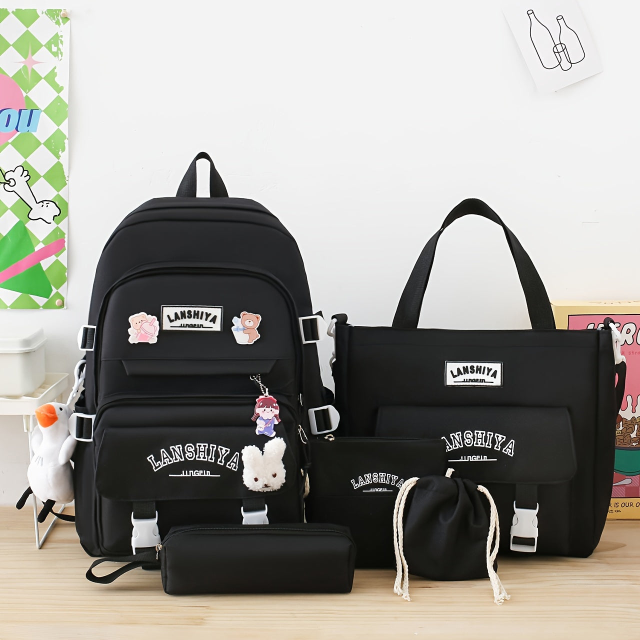 5 - Piece Set of Solid - Color Student Backpack Sets, Large - Capacity And Multifunctional, with Adorable Charms And Badges