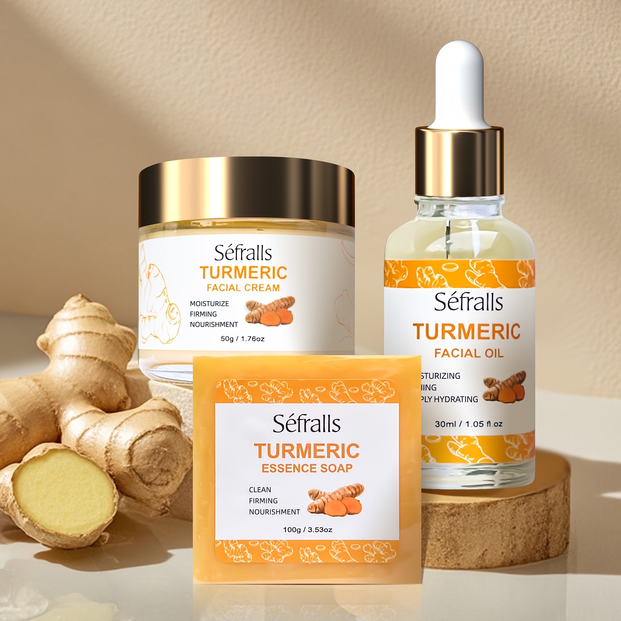Séfralls Turmeric 3pcs/Set (TURMERIC FACIAL CREAM, TURMERIC ESSENCE SOAP, TURMERIC FACIAL OIL) Plant Extract Cleaning And Moisturizing Skin Care Set Natural Ingredients Mild And Non Irritating Cleaning Hand Soap Moisturizing