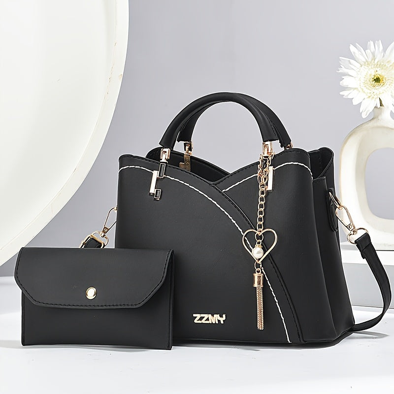 Elegant 2pcs Women's Handbag Set with Heart Tassel - Chic Colorblock Crossbody & Clutch Purse, Adjustable Strap, Magnetic Closure - Perfect Valentine's Gift