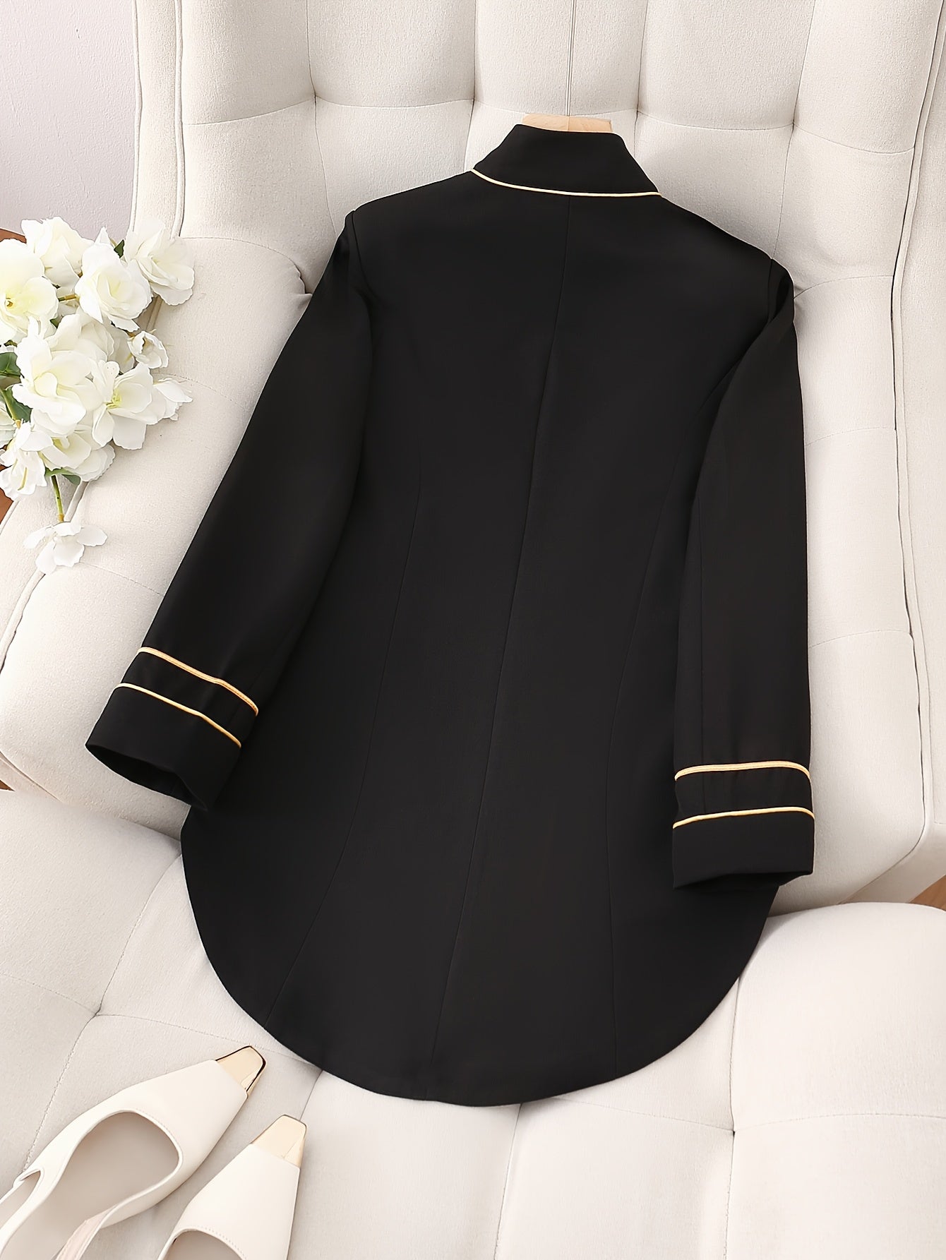 Elegant Black Double-Breasted Blazer with Golden Buttons - Stylish Ruffled White Collar, Long Sleeves, Polyester Fabric, Perfect for Spring/Fall, Formal Attire|Classic Blazer|Polyester Blazer