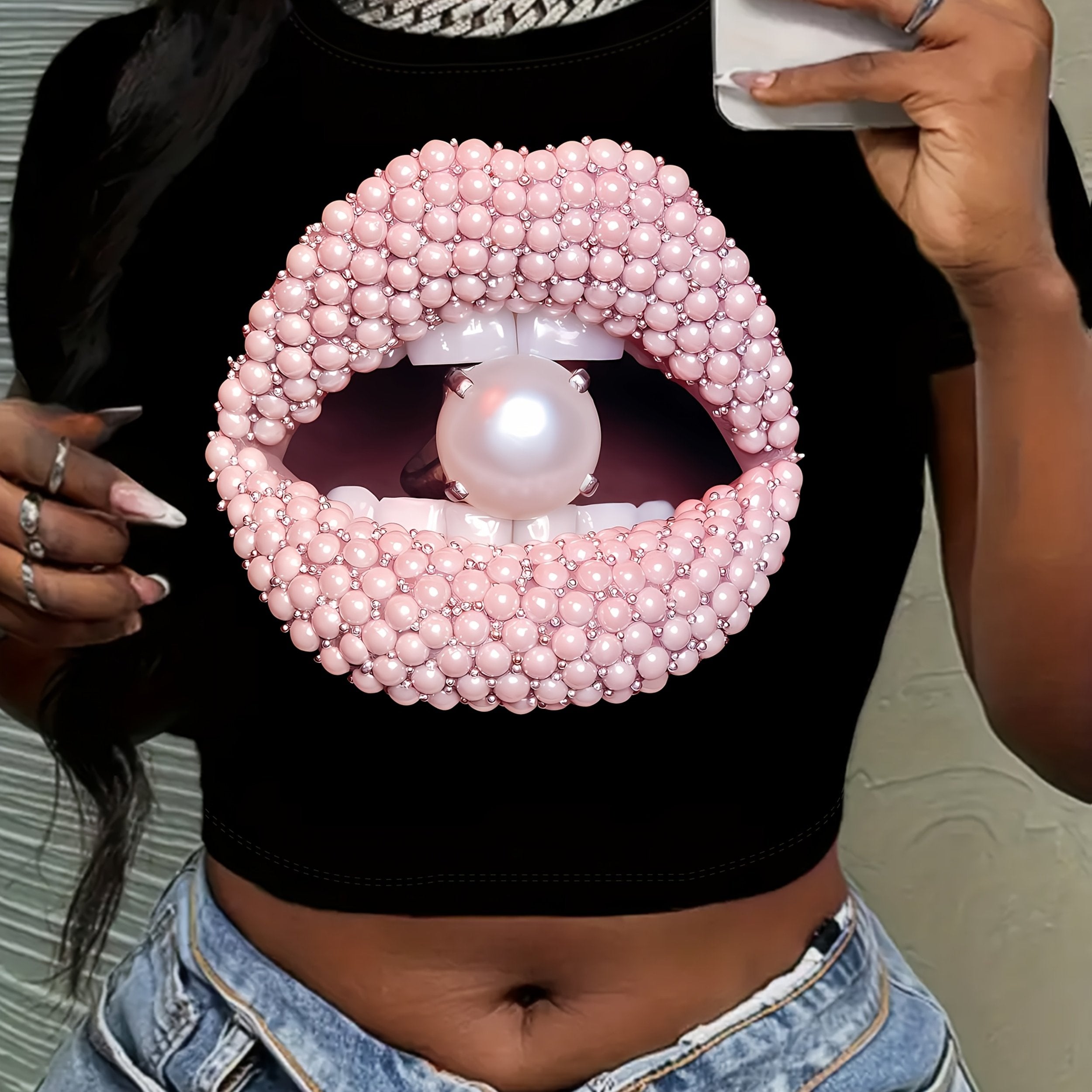 Y2K Short Sleeve Crew Neck Polyester Knit Fabric Medium Stretch T-Shirt, Regular Length, All Season, with Lips & Pearl Pattern, for Women