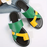 Women's Toe Loop Flat Slides, Fashion Colorblock Slip On Summer Shoes, Casual Outdoor Beach Slides