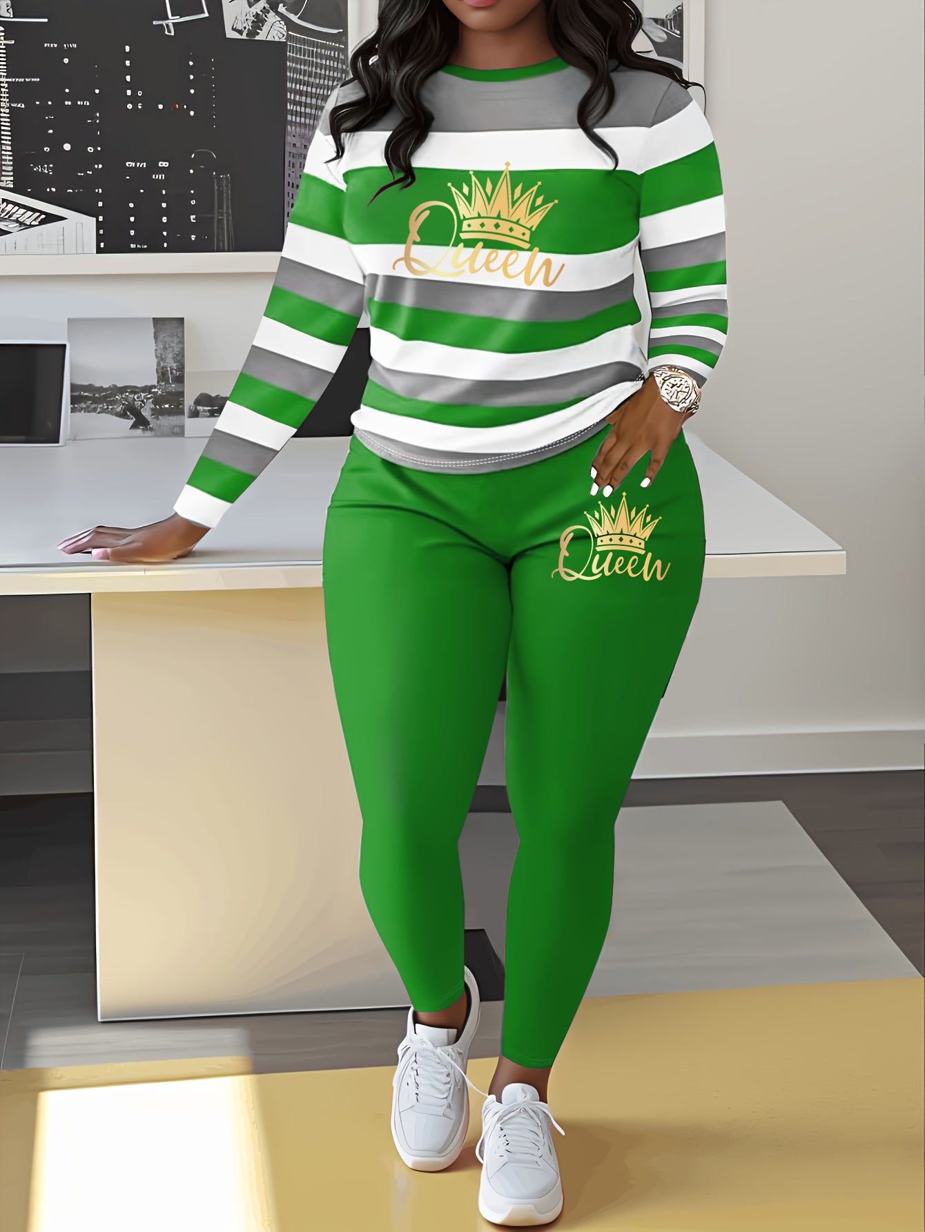 Women's Striped Crown Print Casual Tracksuit Set - Polyester & Elastane Knit Crew Neck Long Sleeve Top with Pants, No Belt - Fall/Winter Cozy Loungewear Suit (1 Top + 1 Pants)