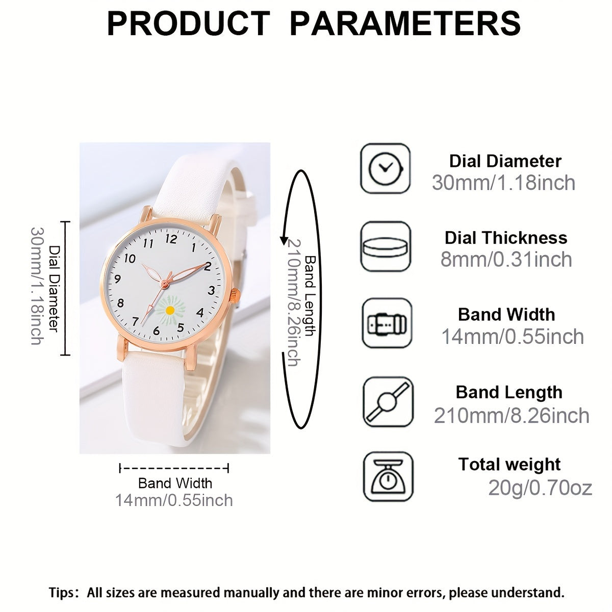 1pc Women'S Boho Round Analog-Digital Quartz Watch, Faux Leather Strap with Flower Details, Non- Alloy Case, Button Battery (Diameter <20mm), with 4pcs Holiday Daisy Bracelet Watch Set for Women