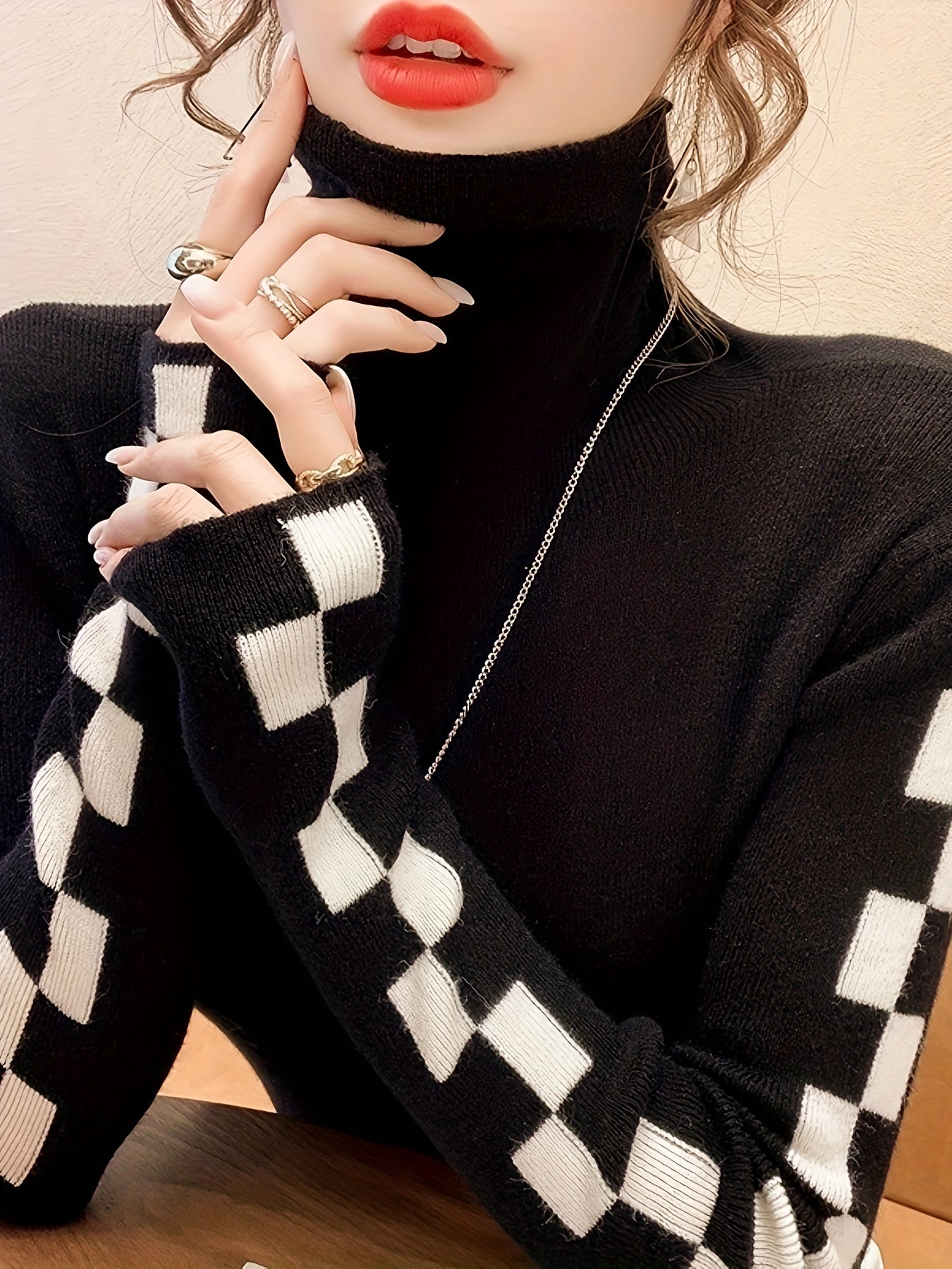 Elegant Red & White Checkered Turtleneck Sweater for Women - Slim Fit, Casual Knit Pullover with Contrasting Trim, Perfect for Fall/Winter