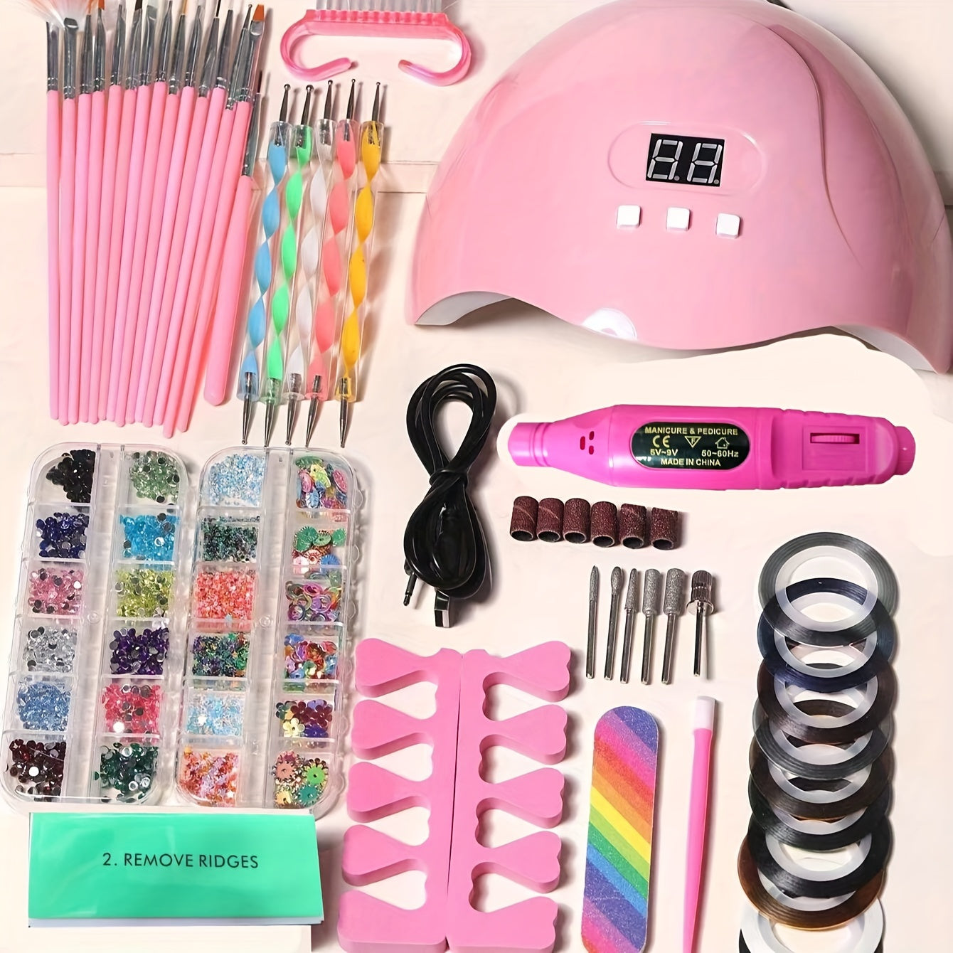 Professional 15-in-1 Stainless Steel Nail Art Tool Set - USB Powered, Hypoallergenic, DIY Kit with UV Nail Lamp, Dead Skin Remover, Finger Divider - No Gel or Powder Included, Weight >300g