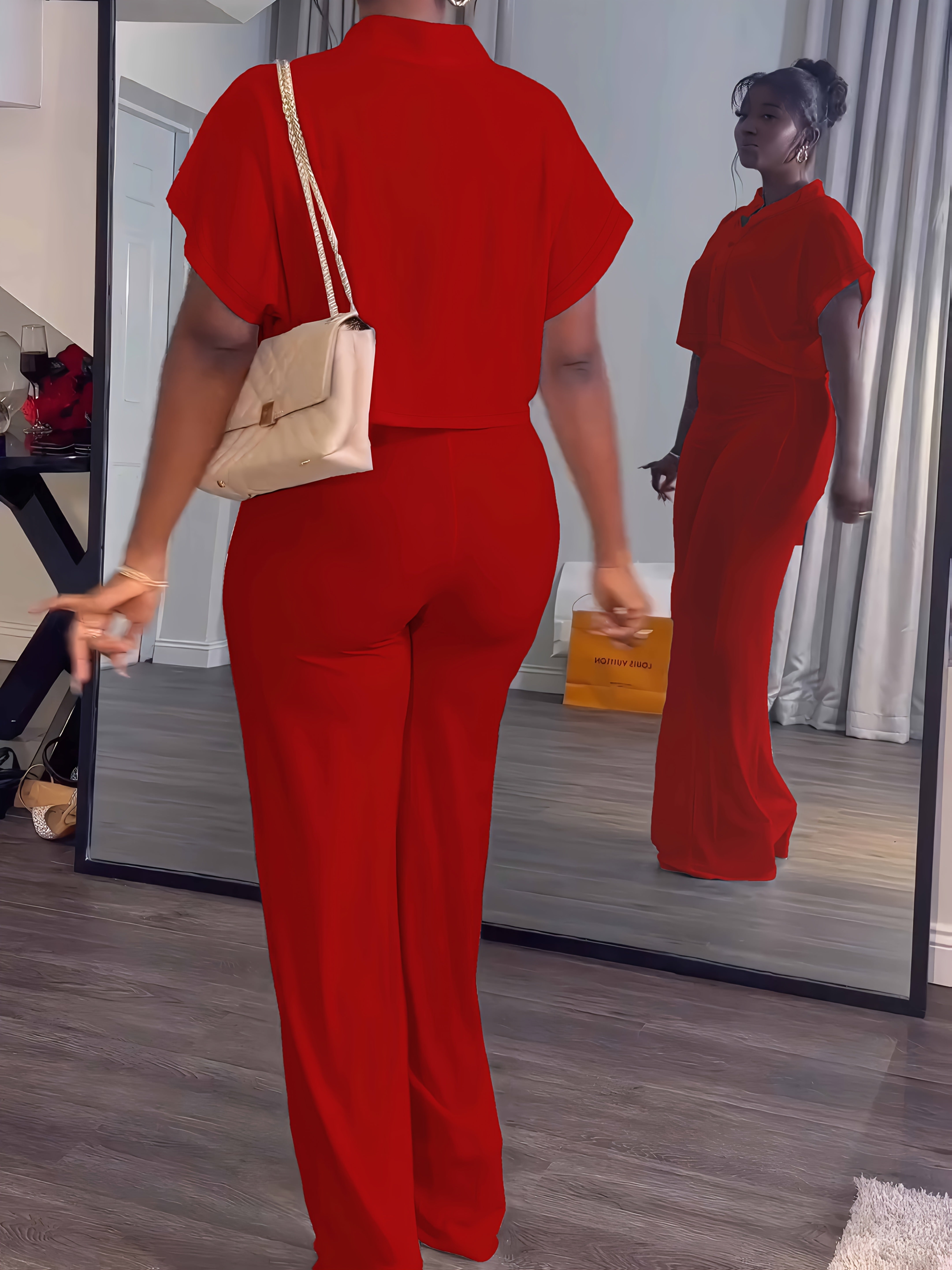 Women's Summer 2pcs Outfits Casual Tracksuit Short Sleeve Button Crop Top Wide Leg Long Pant Lounge Sets