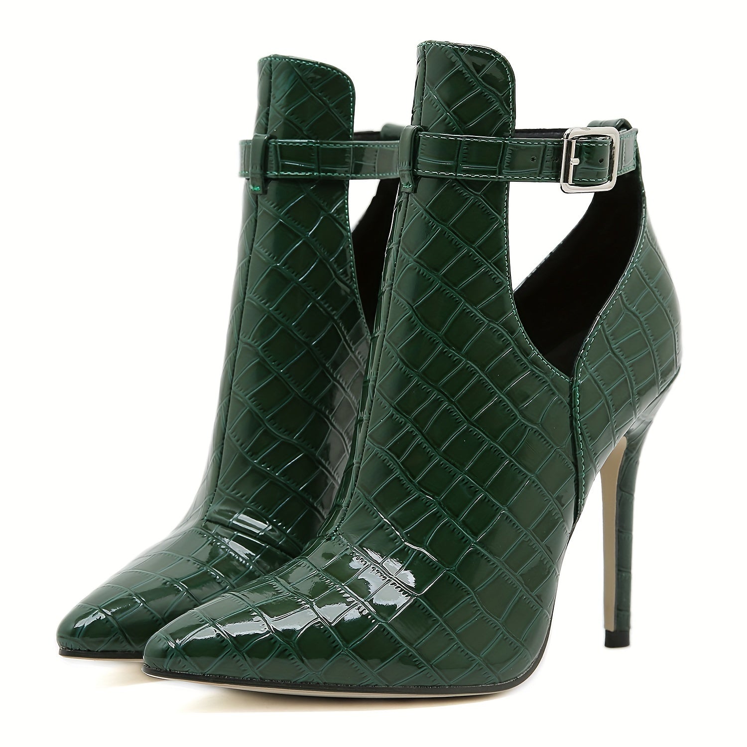 Women'S Fashion Ankle Boots, Green Crocodile Pattern, Stiletto Heel, Belt Buckle Detail, Pointed Toe, Synthetic, Non-Washable, All-Season, Rubber Sole, Fabric Insole