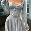 Women's Two-Piece Casual Retro Floral Gray Sleeveless Button- Dress Set