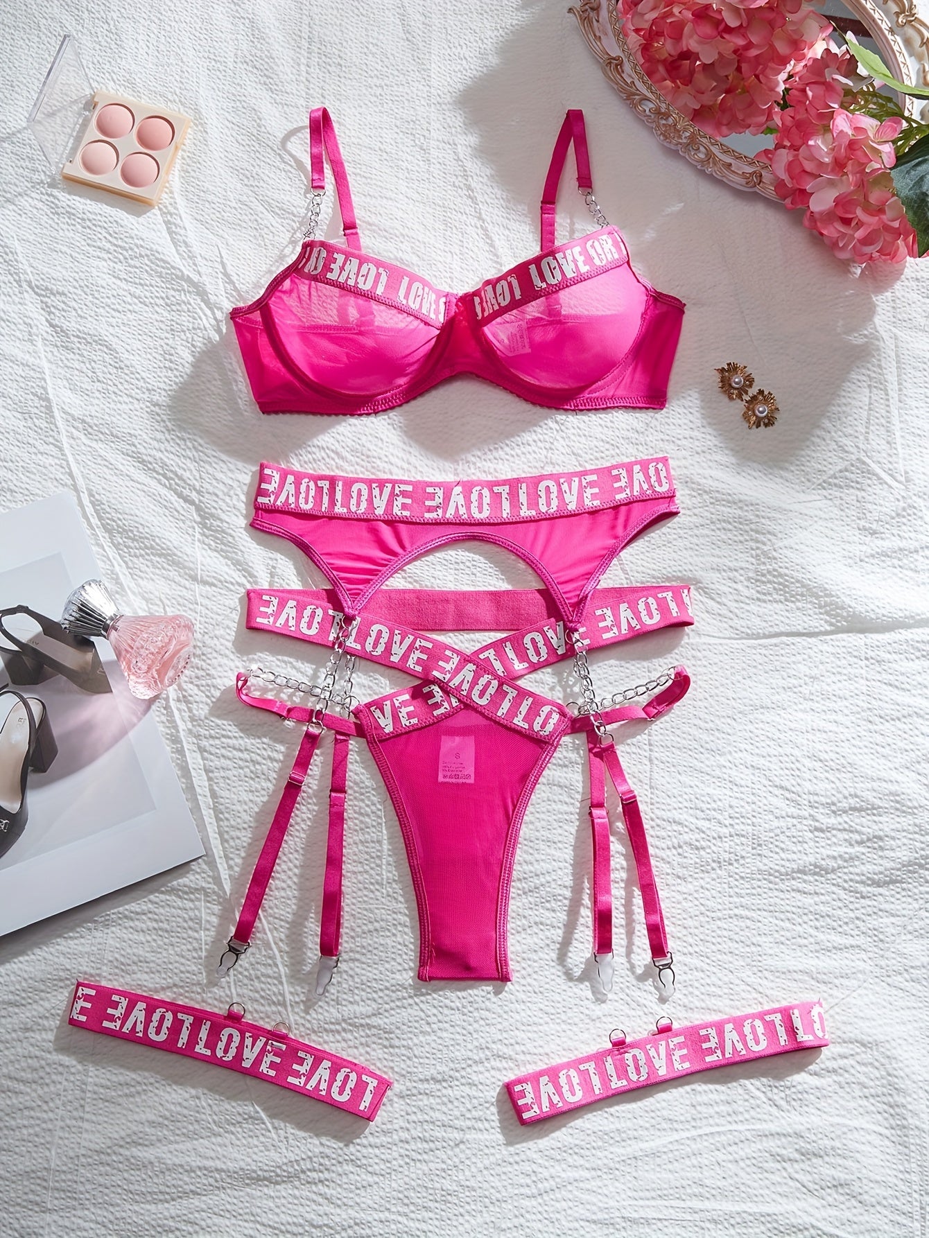 Sultry Letter Tape Chain-link Mesh Lingerie Set - Plunge Bra, Thong, and Garter Belt - Women's Sexy Underwear for Confidence Boost