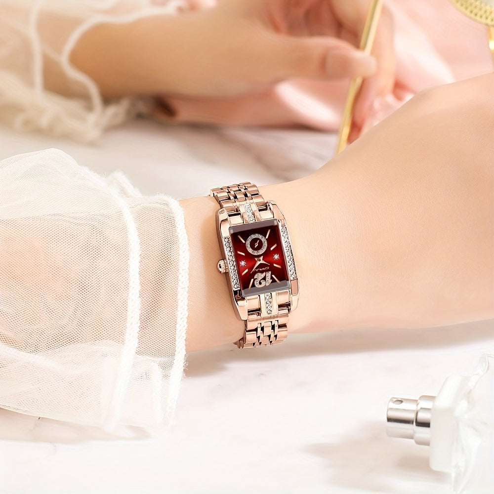 Stainless Steel Women's Luxury Watch, Elegant Rectangle Pointer Analog Quartz Rhinestone WR Wrist Watch