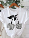 Silver Cherry Graphic Print T-Shirt, Short Sleeve Crew Neck Casual Top for Summer& Spring, Women' S Clothing