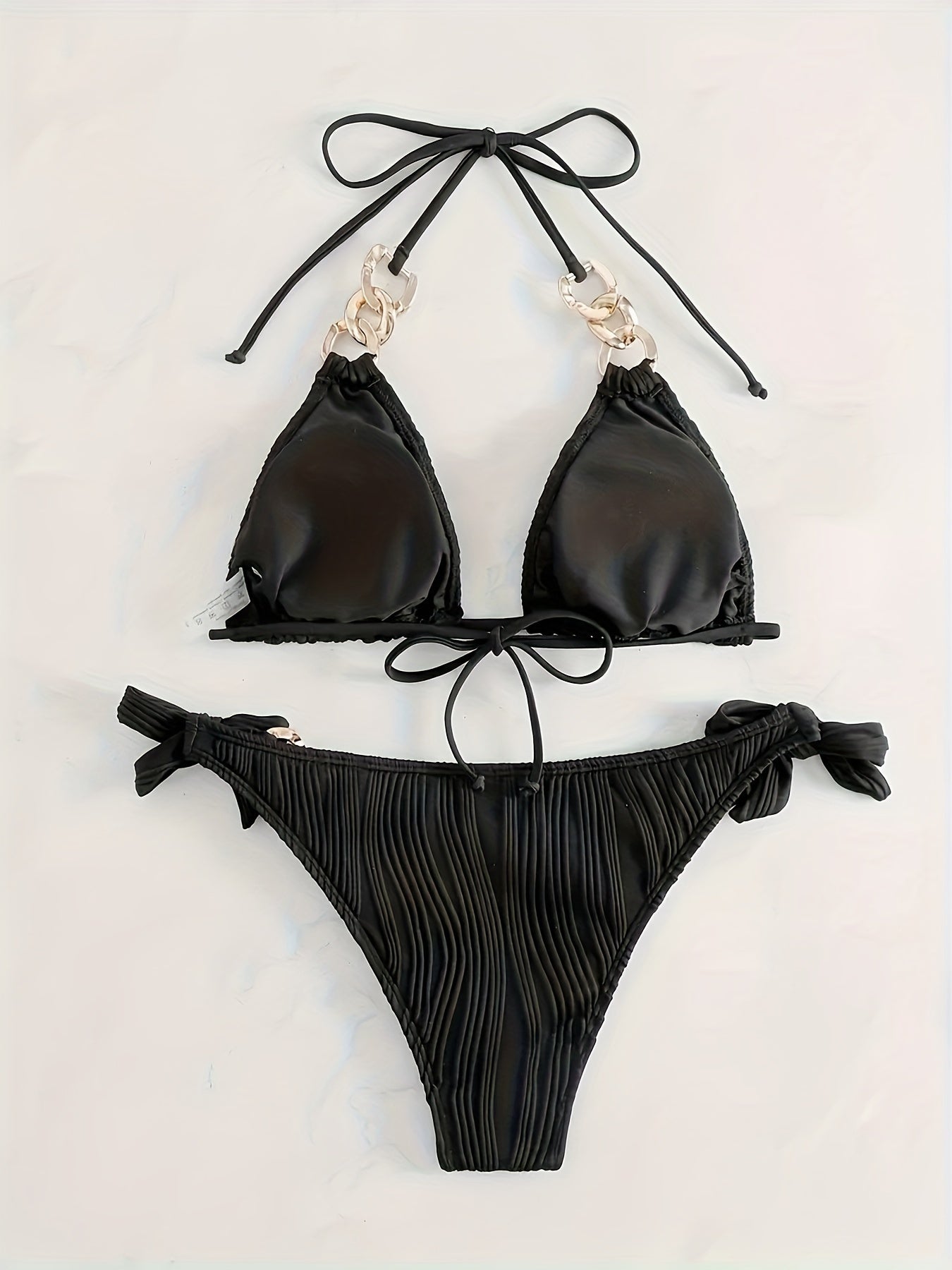 Golden Chain Link Charming Halter Neck 2pcs Bikini Set with Bow Side Triangle Tie-Neck Swimsuit, Women's Swimwear and Apparel