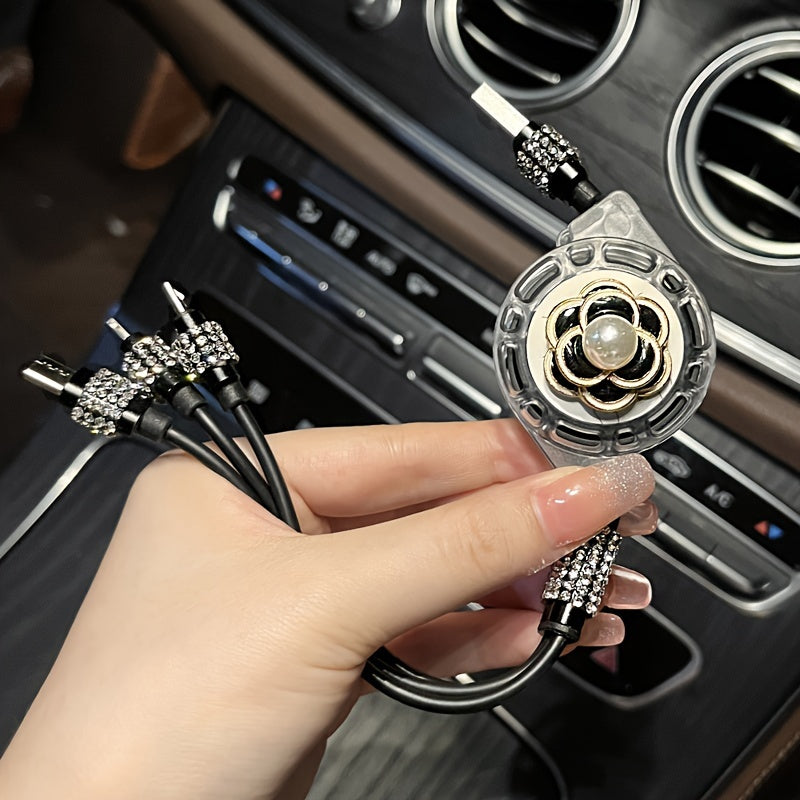 [3-in-1 Fashion USB Charging Cable] 1pc Durcord 3-in-1 Fashion USB Charging Cable, Rhinestone Embellished, Compatible with iPhone 16/15/14/13/12/11, Vivo, Oppo, Xiaomi, Huawei - Trendy Street Style Data Cord without Battery