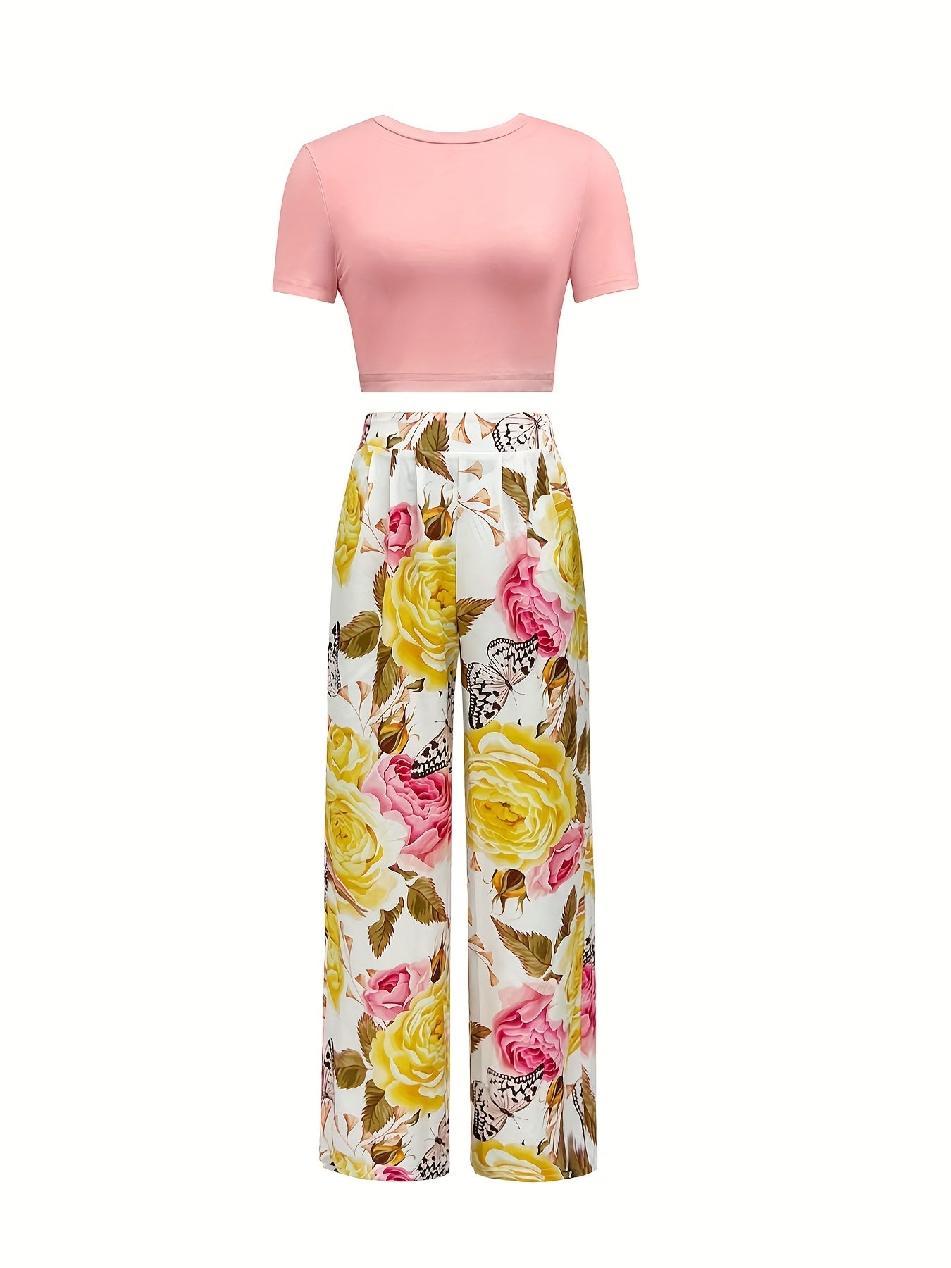 Women's Chic Casual Two-Piece Set: Short Sleeve Crop Top in Vibrant Pink & Floral High-Waist Pants - Durable Polyester, Machine Washable, Perfect for Spring/Summer, Spring Summer Outfit|Vibrant Crop Top|Comfortable Knit