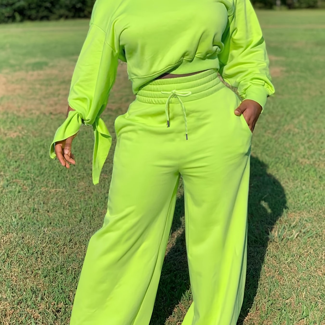 Solid Casual Two-piece Set, Slanted Shoulder Long Sleeve Tops & Drawstring Pants Outfits, Women's Clothing