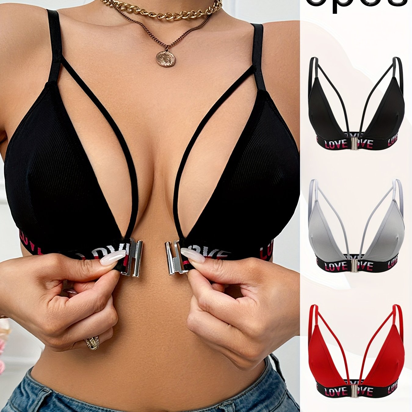 3pcs Elegant Front Closure Women's Push-Up Bras - High Support, Comfort Fit, Polyester & Elastane Blend, Machine Washable, Available in Black, White, Red with Love Detail
