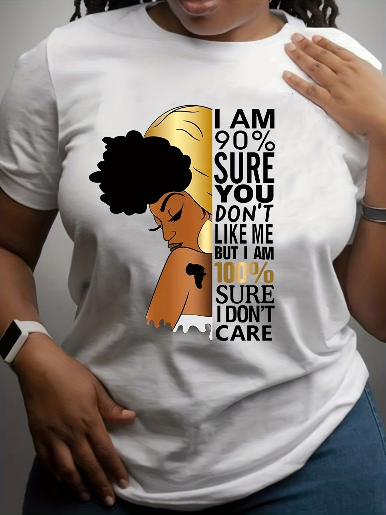 Women's Purple "I Don't Care" Empowerment Print T-Shirt - 100% Positive Affirmation Short Sleeve Top with Golden Accents, Round Neck Casual Summer Shirt, Machine Washable & Semi-Sheer for Layering, Everyday Fashion, Fashion S