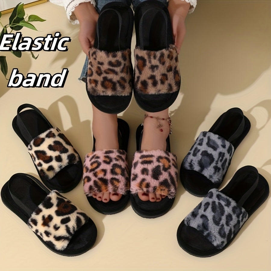 Leopard Print Fuzzy Flat Slippers, Open Toe Elastic Strap Slip On Shoes, Cozy & Warm Home Slipper Sandals - Plush Fleece & Rubber Sole - For Women & Men - Perfect for Relaxing at Home - Ideal Gift for Birthday & Holidays