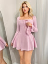 1pc Elegant Square Neck Long Sleeve Dress with Front Bow Detail, Polyester Knit Fabric, All-Season Flutter Sleeve A-Line Dress for Women