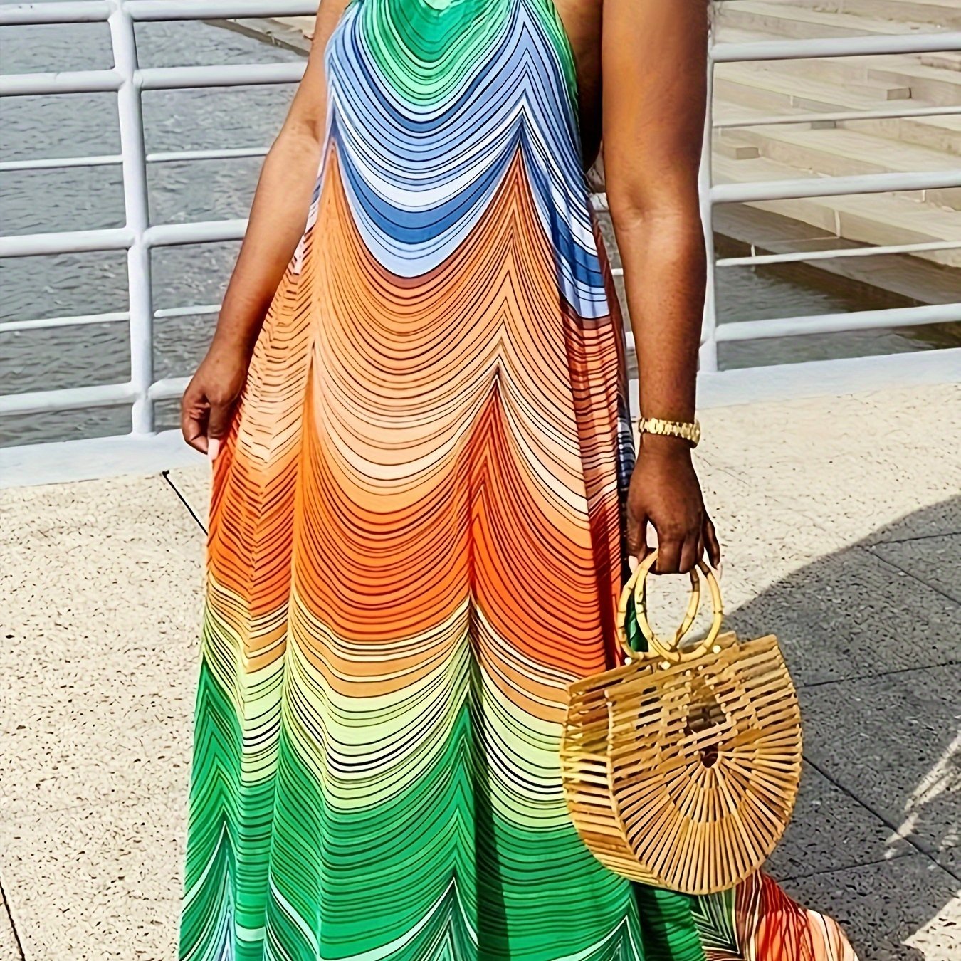 Allover Print Halter Neck Dress, Casual Backless Sleeveless Maxi Dress For Summer, Women's Clothing