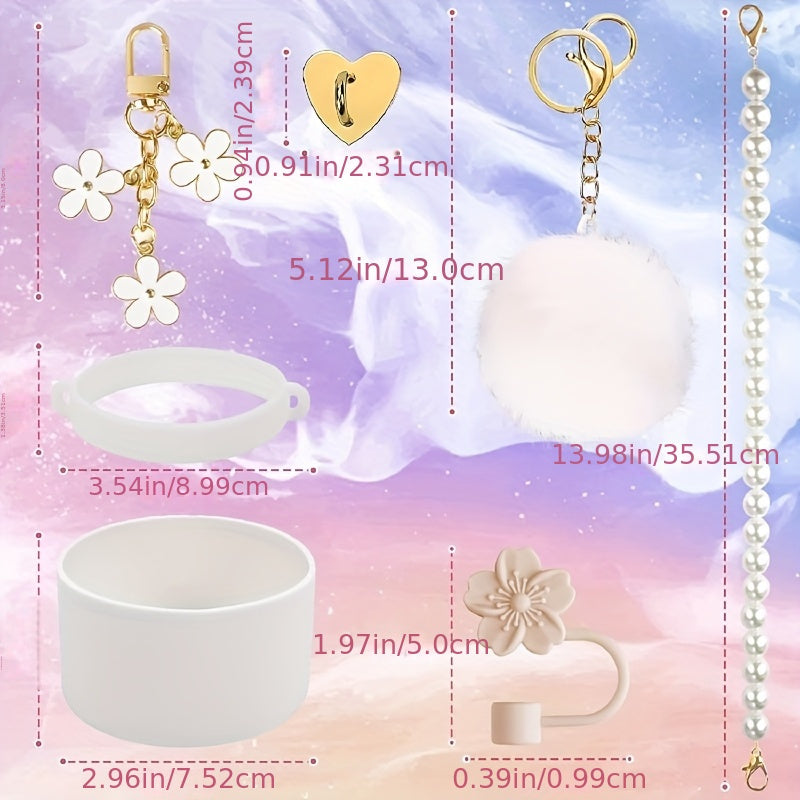 Exquisite 7pcs Cup Accessory Set 40 Ounces: Our Cup Accessory Set Includes Silicone Straw Cap, Rubber Cup Ring, Pearl Chain, Keychain, Bottle Boots, Heart-shaped Keychain, And Heart-shaped Hook, Stylish And Of Excellent Quali