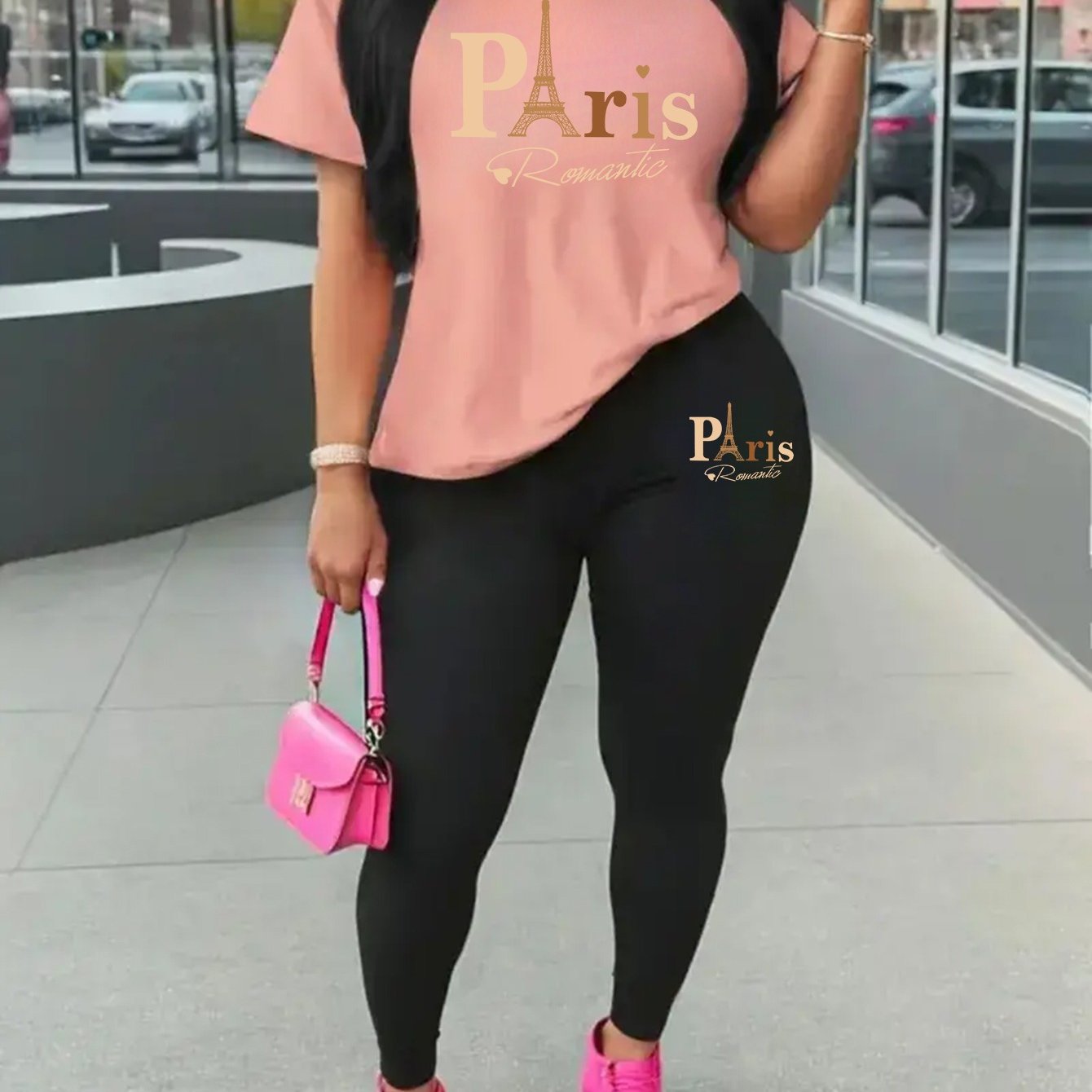 Eiffel Tower Paris-Inspired Women's Casual Outfit - Comfy Short Sleeve Tee & Stylish Pants Set, Machine Washable