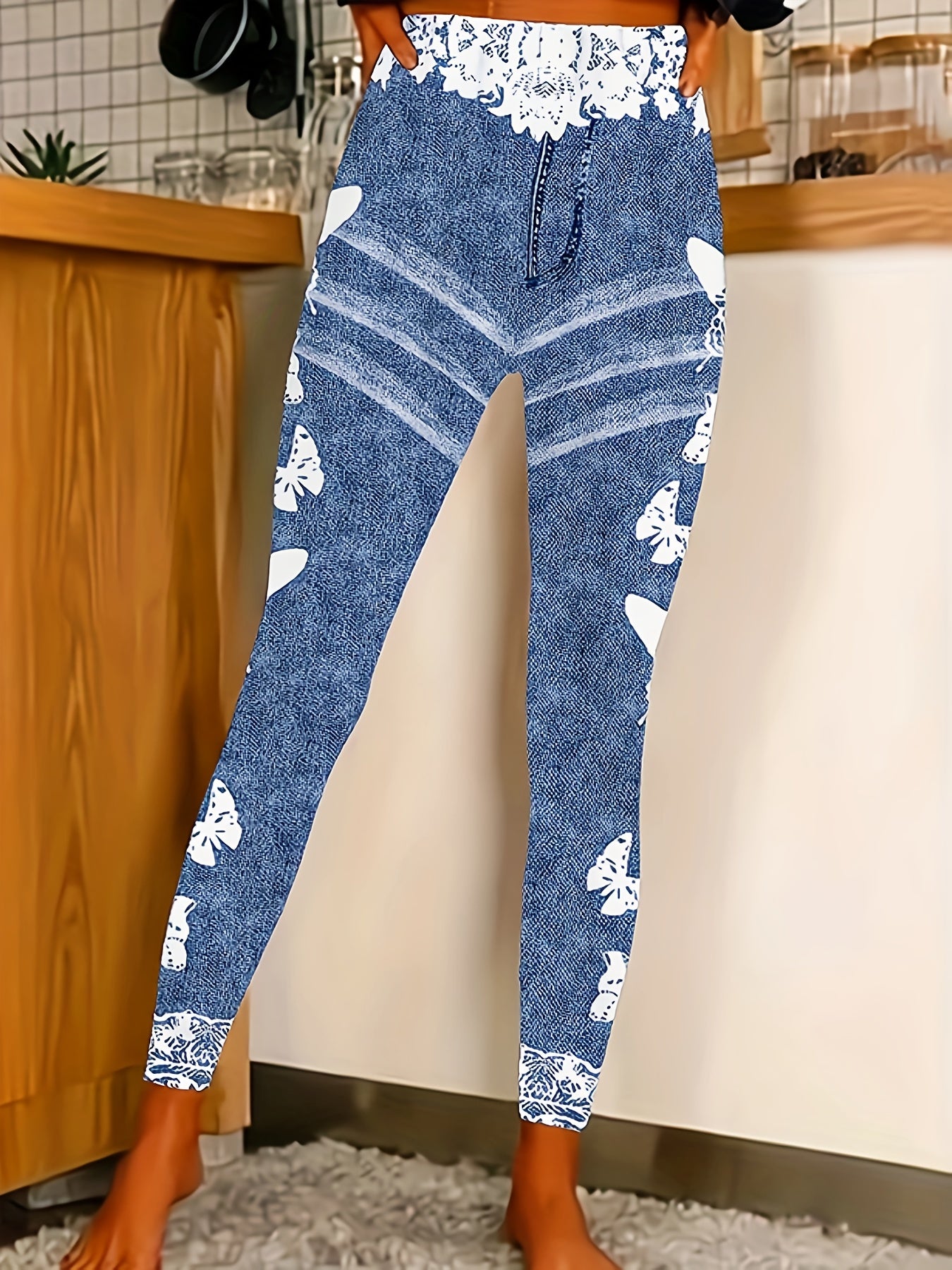 Women'S Fashion Butterfly Printed Faux Denim-Like Leggings, Elastic Waist Long Length Knit Fabric, Casual All-Season Polyester & Spandex Blend, Regular Fit Weekend Casual Joggers