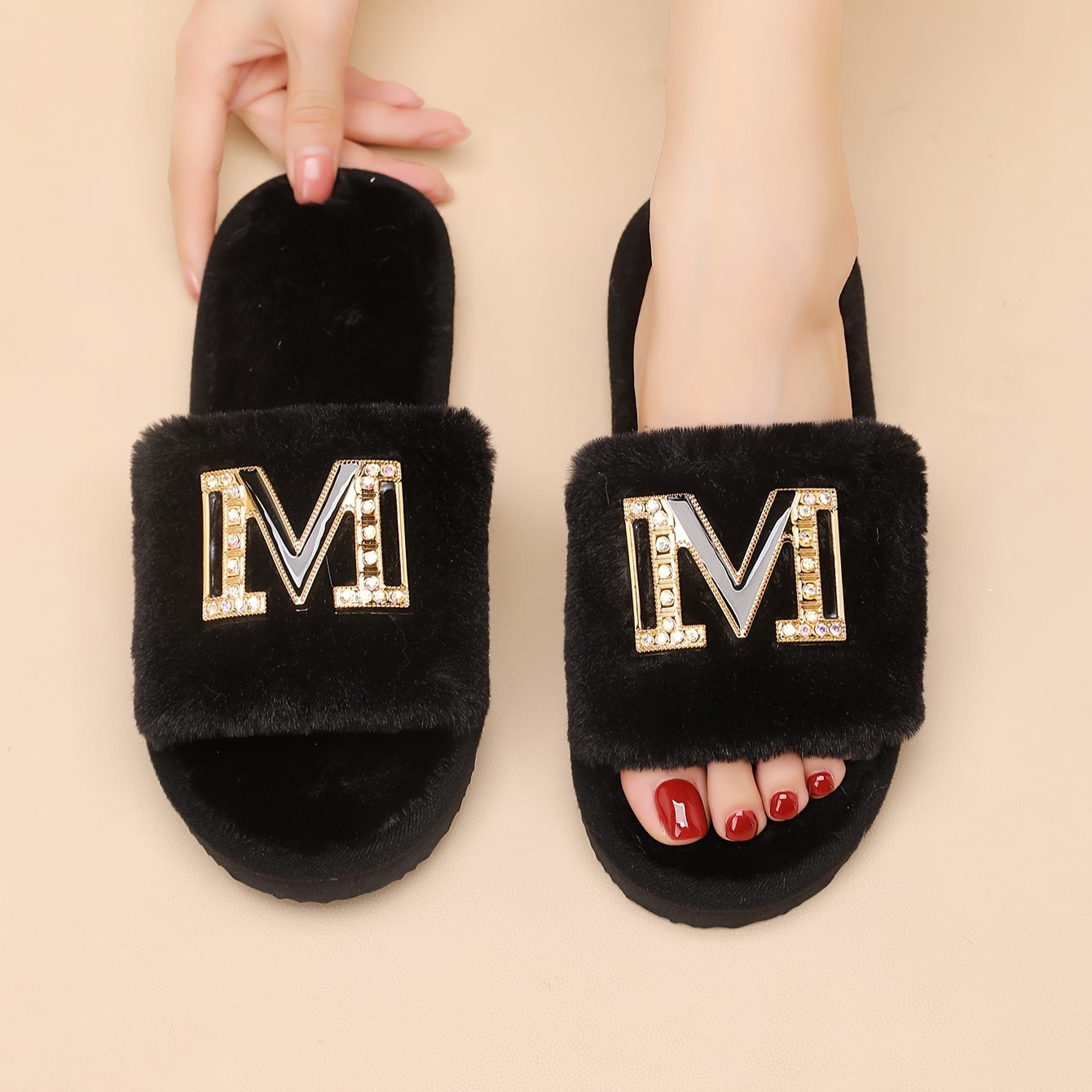 Women's Plush Slippers with Metallic "M" Design - Soft Sole, Cozy Fuzzy Fabric, Black & White Options, Comfortable Indoor Shoes for All Seasons, Ladies Slippers