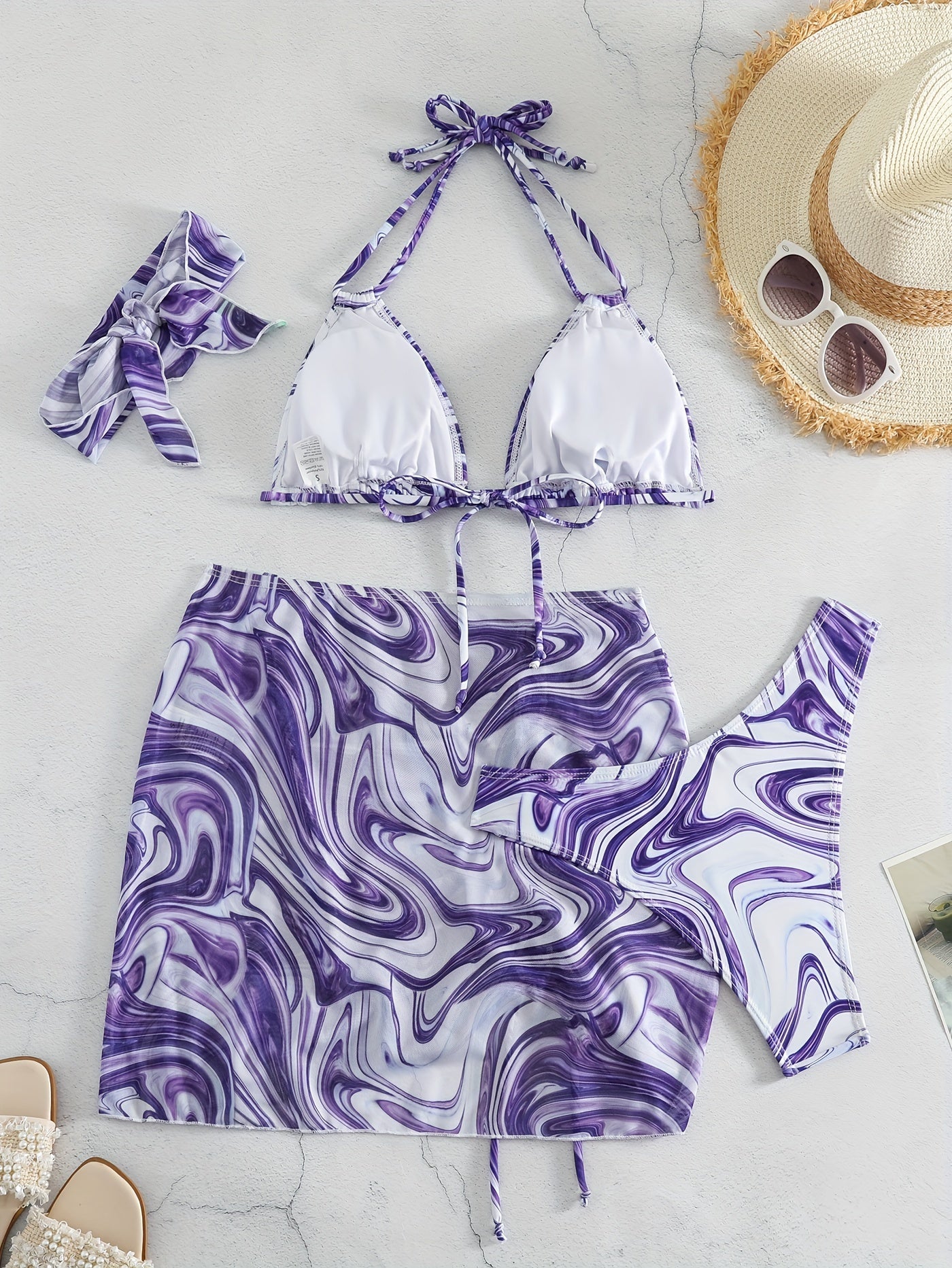 4pcs Women'S Halter Neck Bikini Set, Polyester & Elastane High Stretch Knit Fabric, Striped Pattern, Sleeveless with Lace-Up Details, with Matching Headwrap, for Swimwear