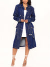 Chic Women's Long Denim Trench Coat with Belt - Classic Button-Up, Long Sleeve Jean Jacket for Spring/Fall
