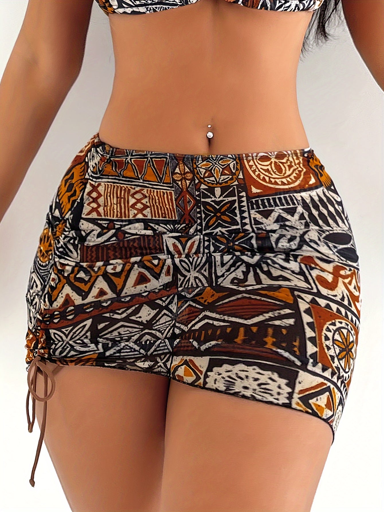 Women'S 2024 New Geometric Pattern Bikini Set with Headscarf, Polyester High Elasticity, Halter Neck, Sleeveless, Tie Detail, Swimwear Outfit for Ladies
