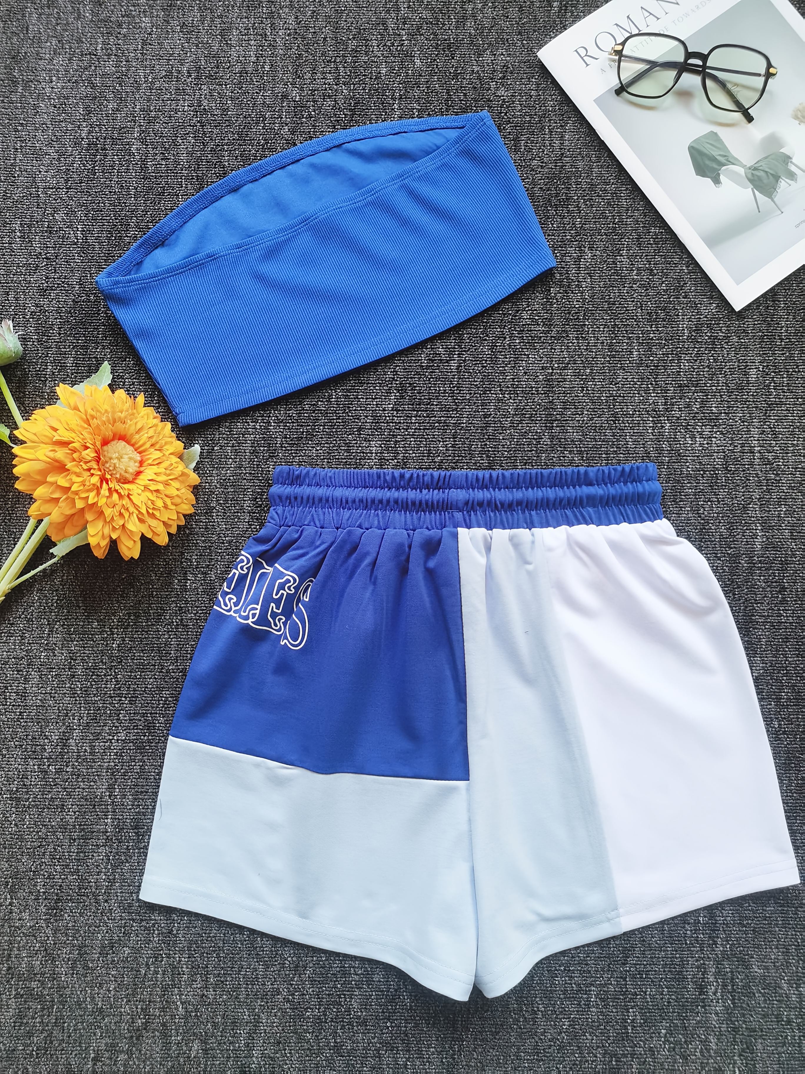 Women'S Stylish Casual Printed Color-Blocked Shorts And Strapless Two-Piece Set