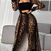 Leopard Print Lounge Set, Long Sleeve Robe With Belt & Strapless Crop Top & Pants, Women's Loungewear & Sleepwear