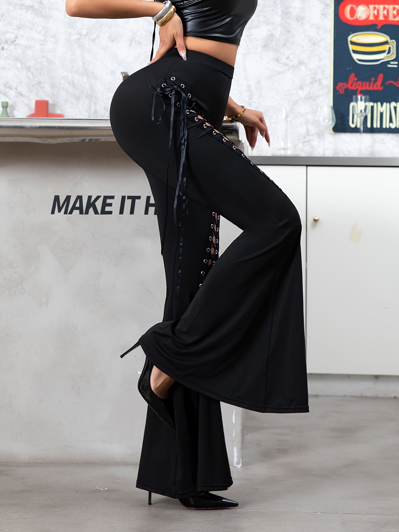 Flattering Flared Pants with Lace-up Accents - Stylish Polyester Blend Knit Fabric - Fashionable Adult Size for Fall/Winter - Comfortable, Figure-Hugging Design with Knit Fabric for Ultimate Freedom of Movement